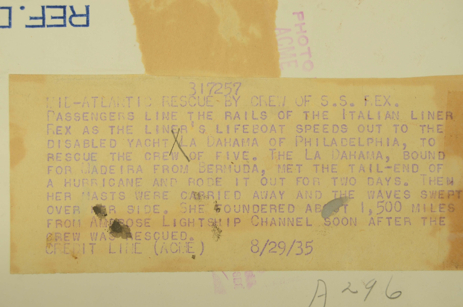 Transatlantico REX/R348-Salvataggio La Dahama