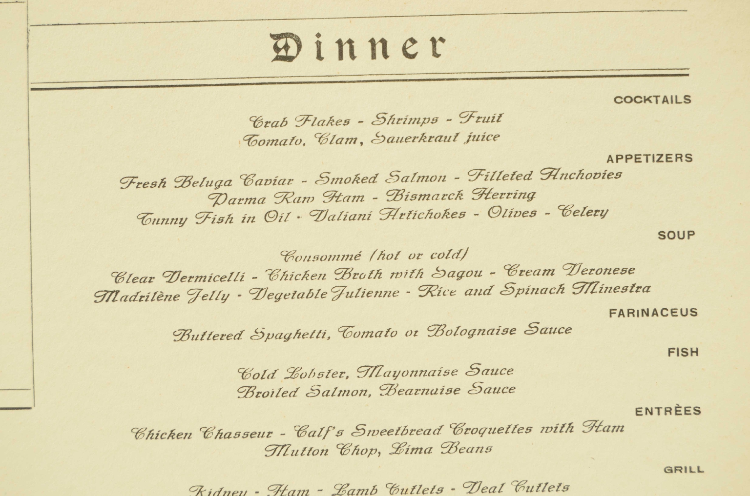 SS REX/R581-First Class Menu