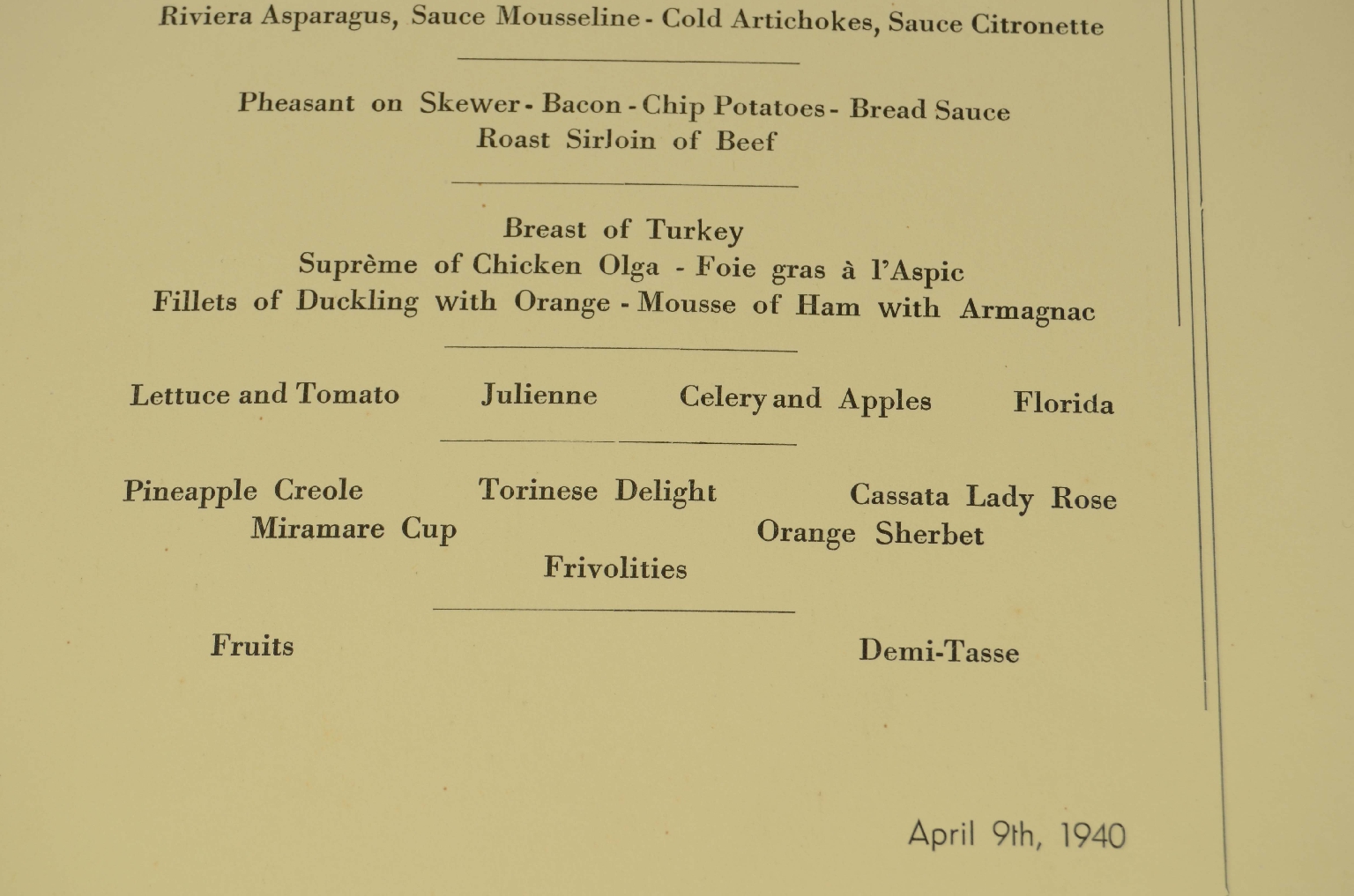 SS REX/R600-Menu for April 1940