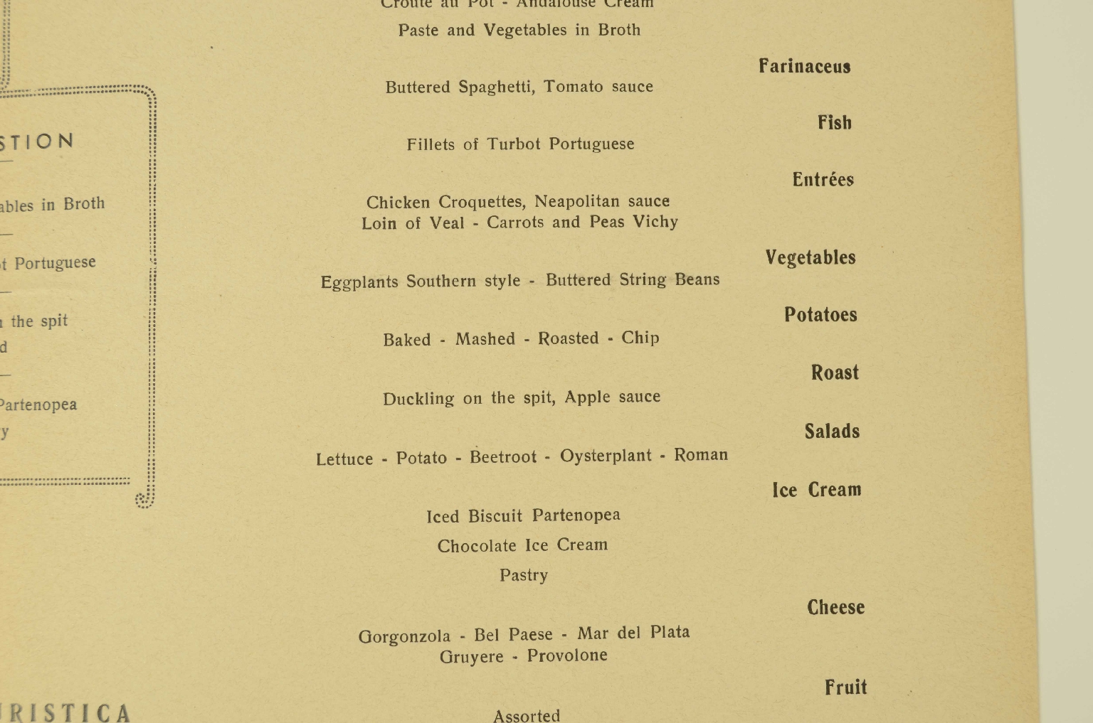 SS REX/R700-Tourist Class Menu