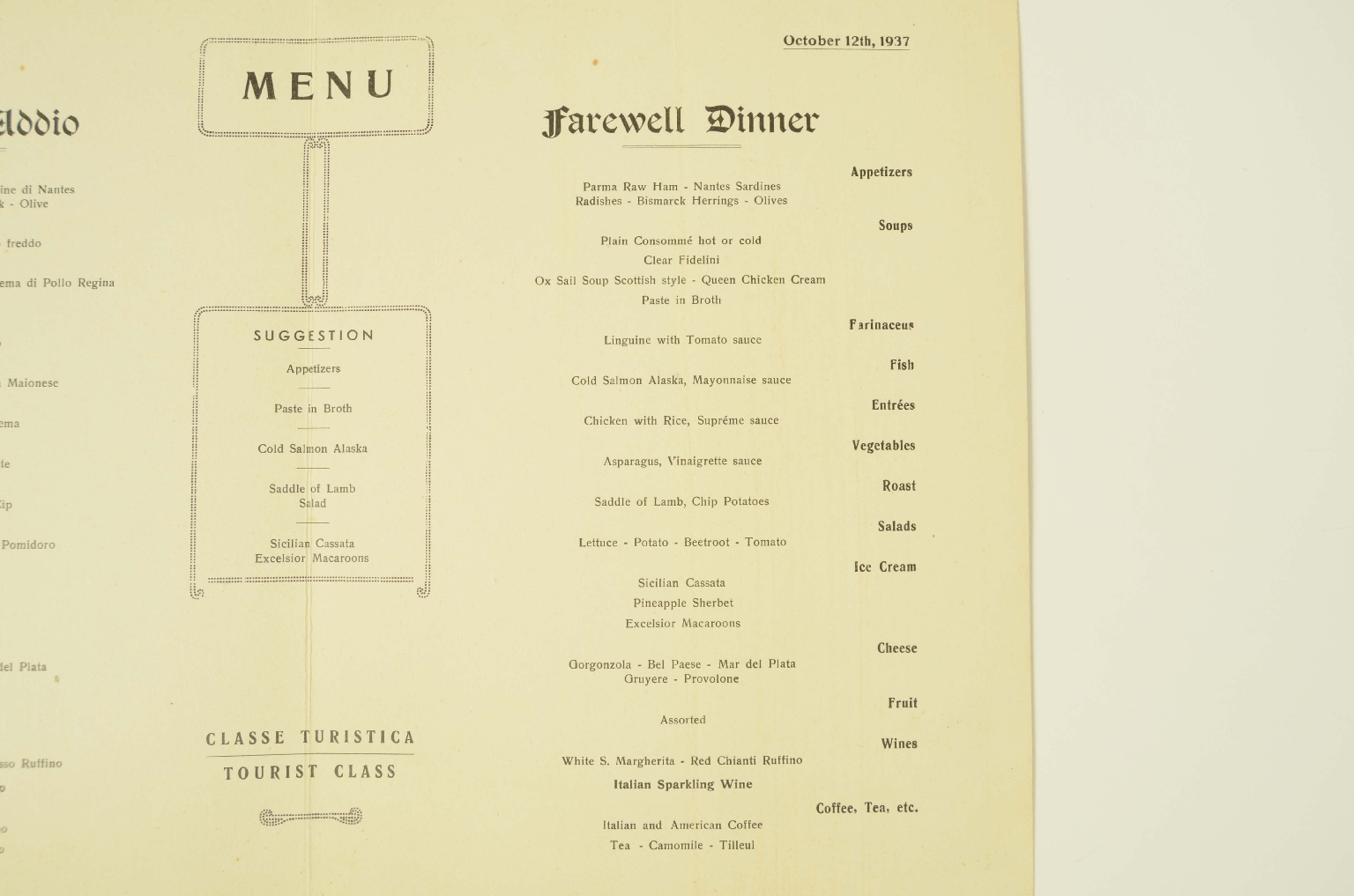 SS REX/R710-Tourist Class Menu