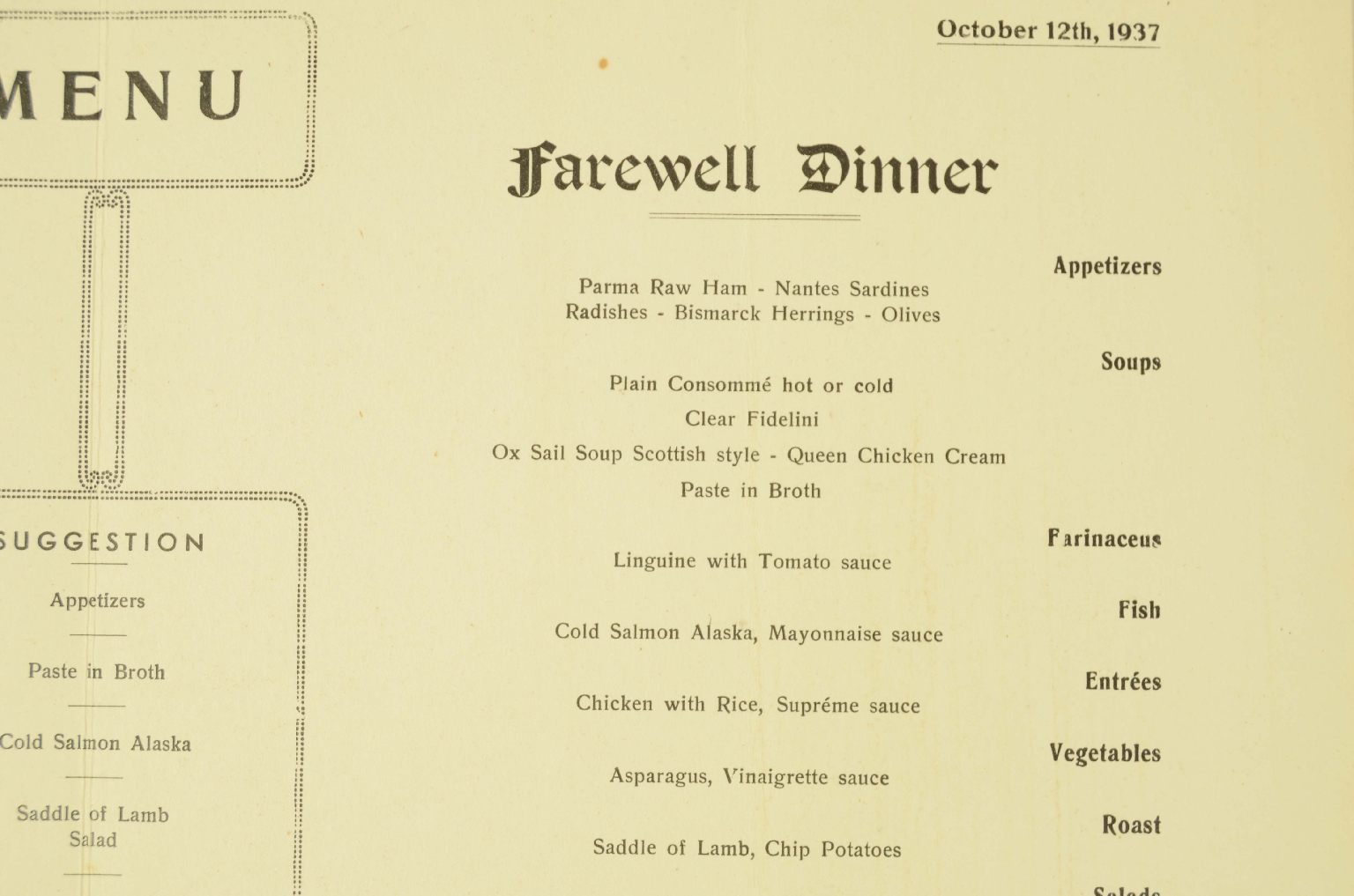 SS REX/R710-Tourist Class Menu